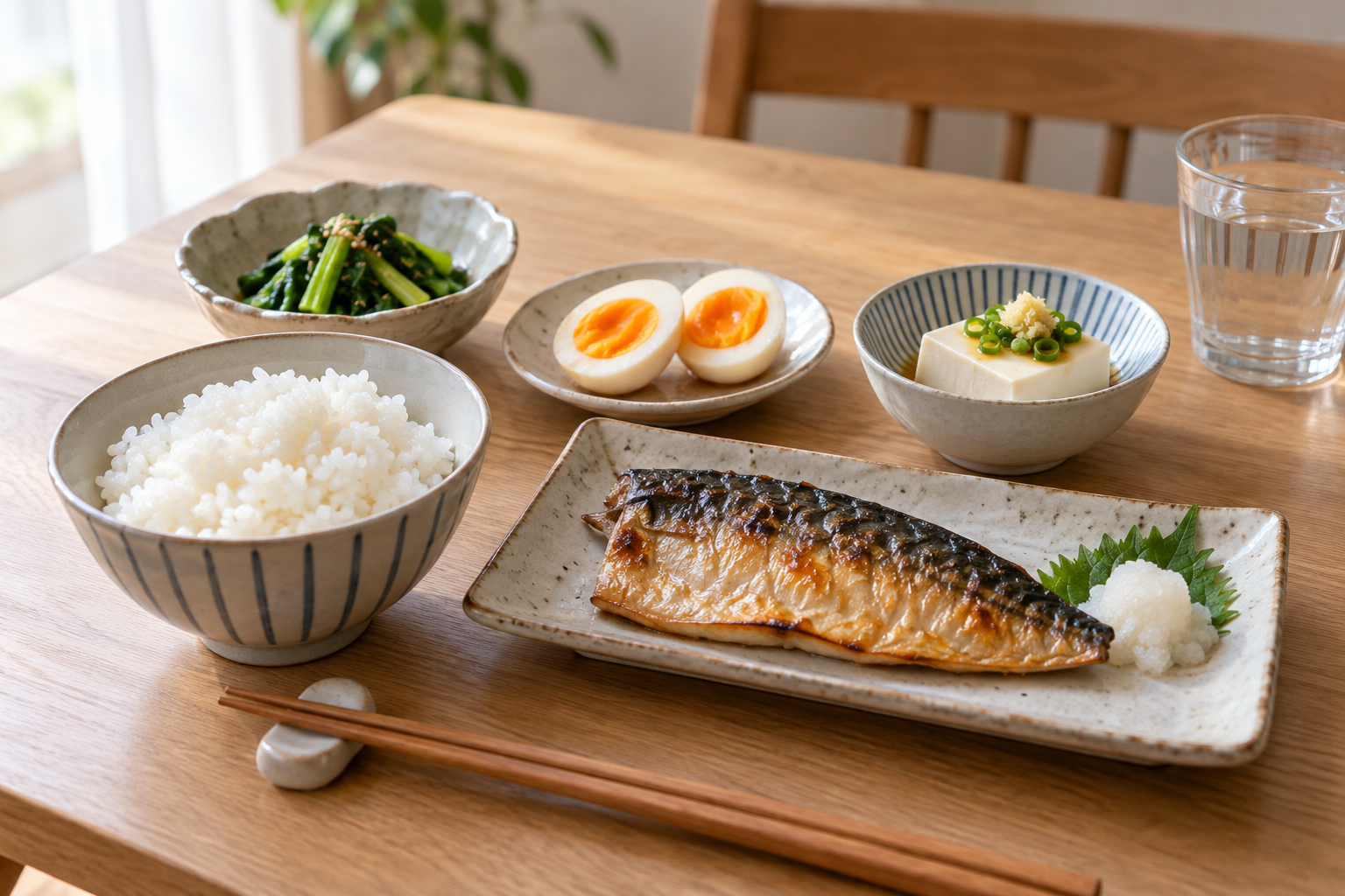 ご飯、焼き魚、卵、豆腐、野菜を並べた食事のイメージ