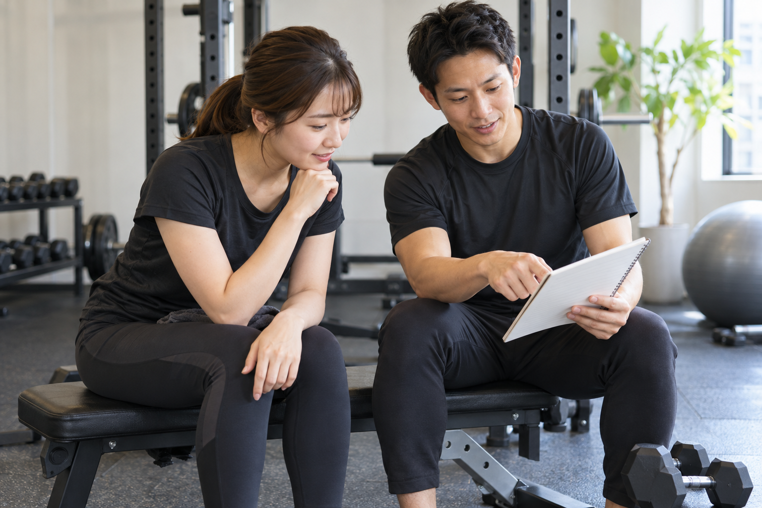 トレーナーとノートを見ながらトレーニングの予定を相談するイメージ