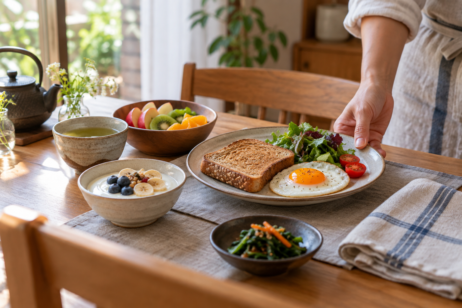 卵やヨーグルトを添えた朝食を食卓に用意したイメージ