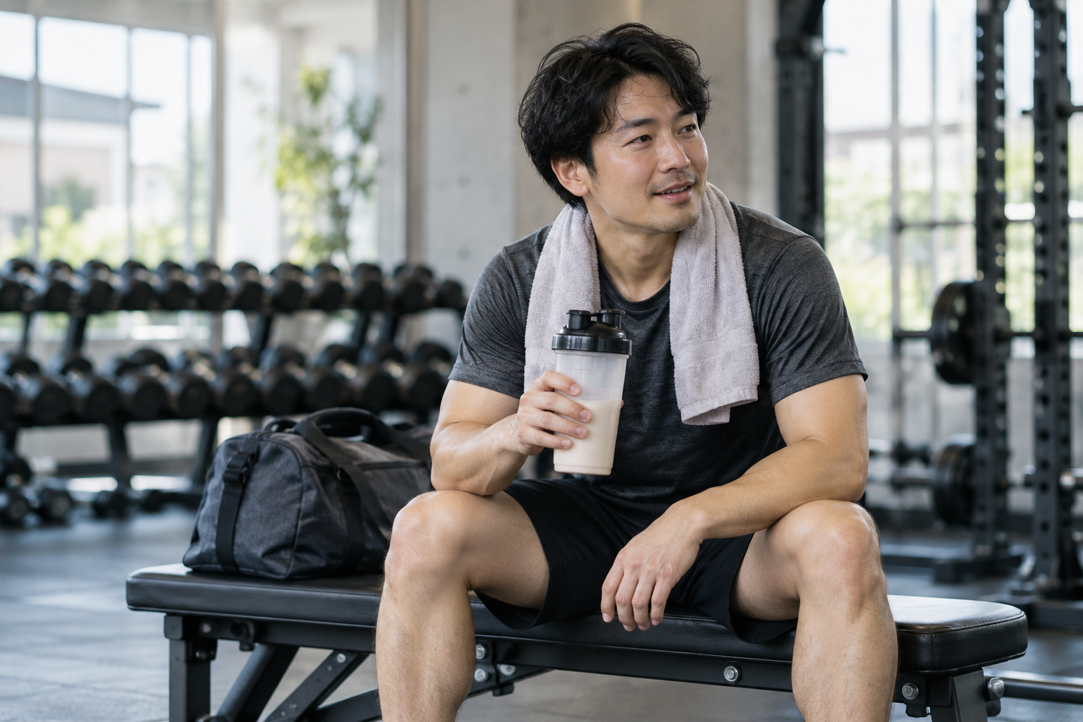 運動後に休憩し、無地のシェイカーを持つ男性のイメージ