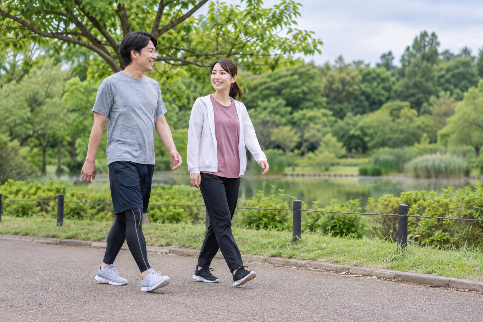 平らな公園の歩道を無理のないペースで歩く男女のイメージ