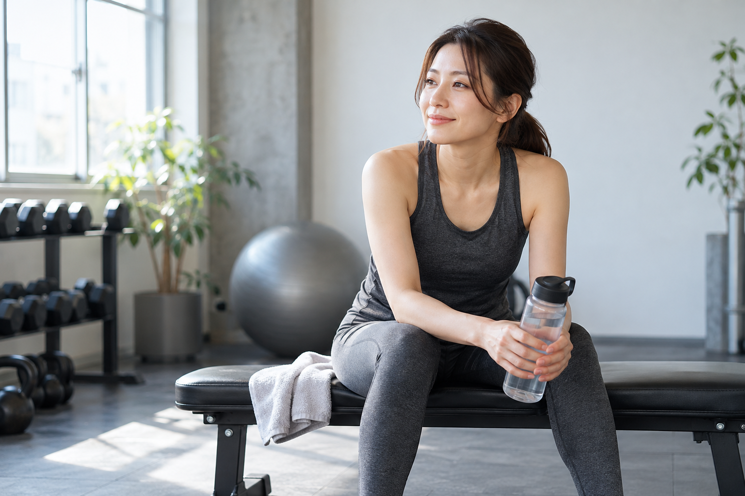 運動後に椅子で休憩し、水分をとる女性のイメージ