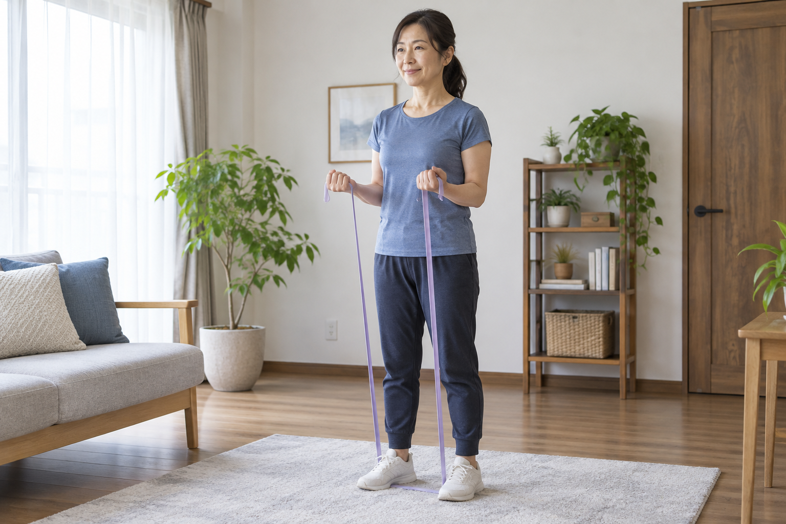 軽いゴムバンドで筋力トレーニングをする女性のイメージ