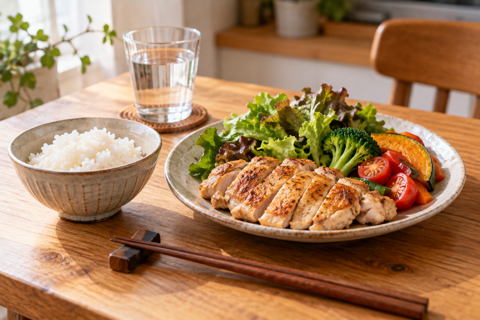 主食・鶏肉・野菜をそろえた普段の食事のイメージ