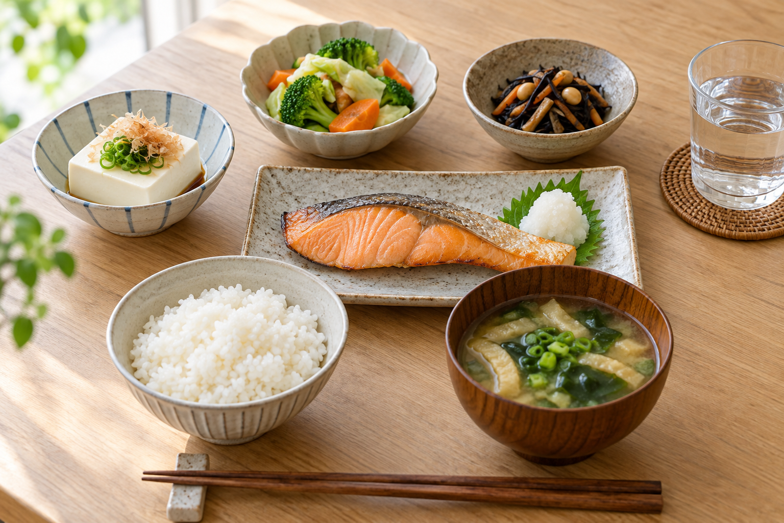 焼き魚、豆腐、ご飯、野菜を組み合わせた食事の例