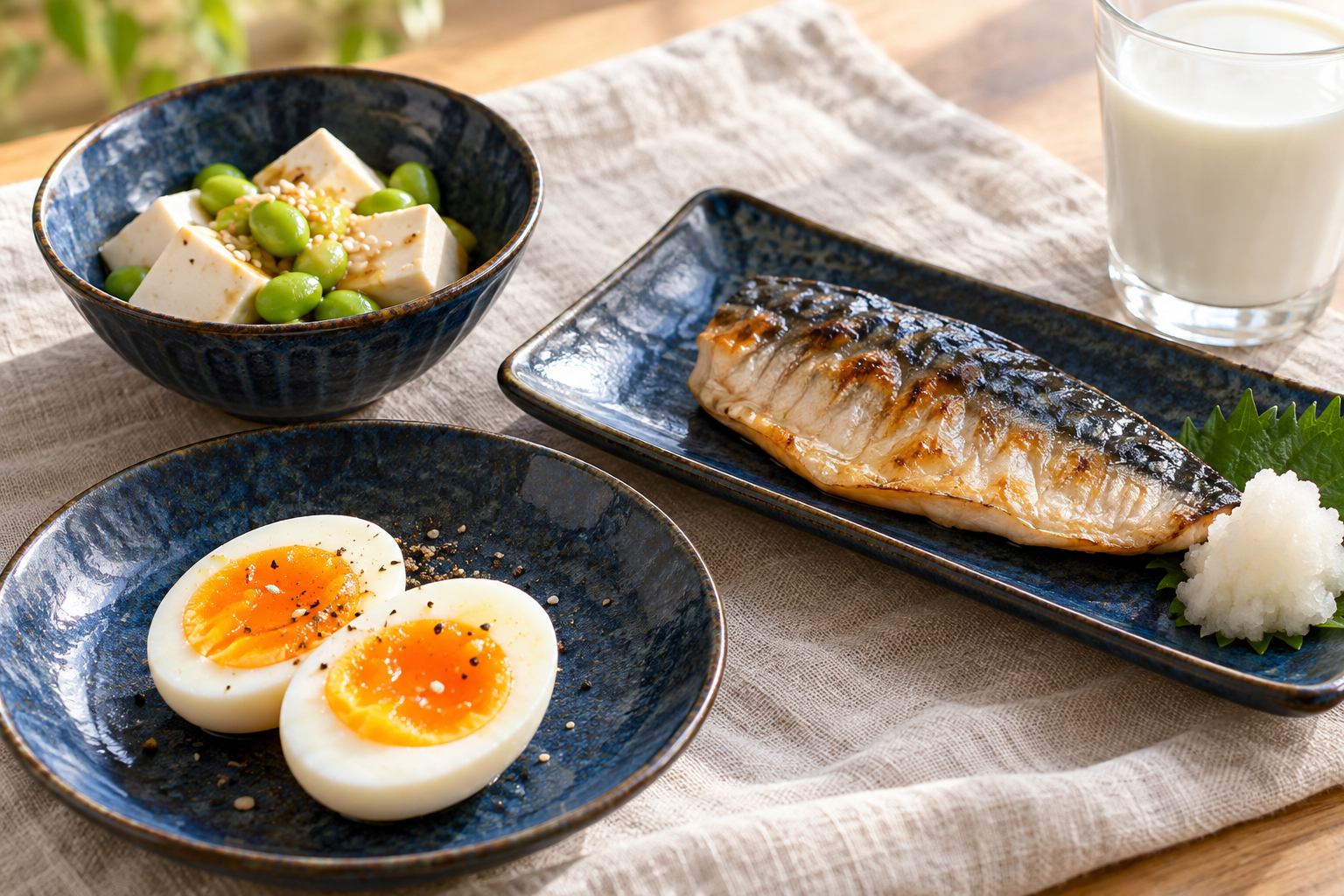 魚、卵、豆腐、枝豆、牛乳を組み合わせた食品の例