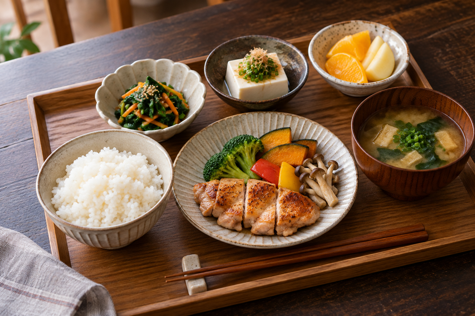 主食、主菜、副菜、汁物、果物を組み合わせた食事の例