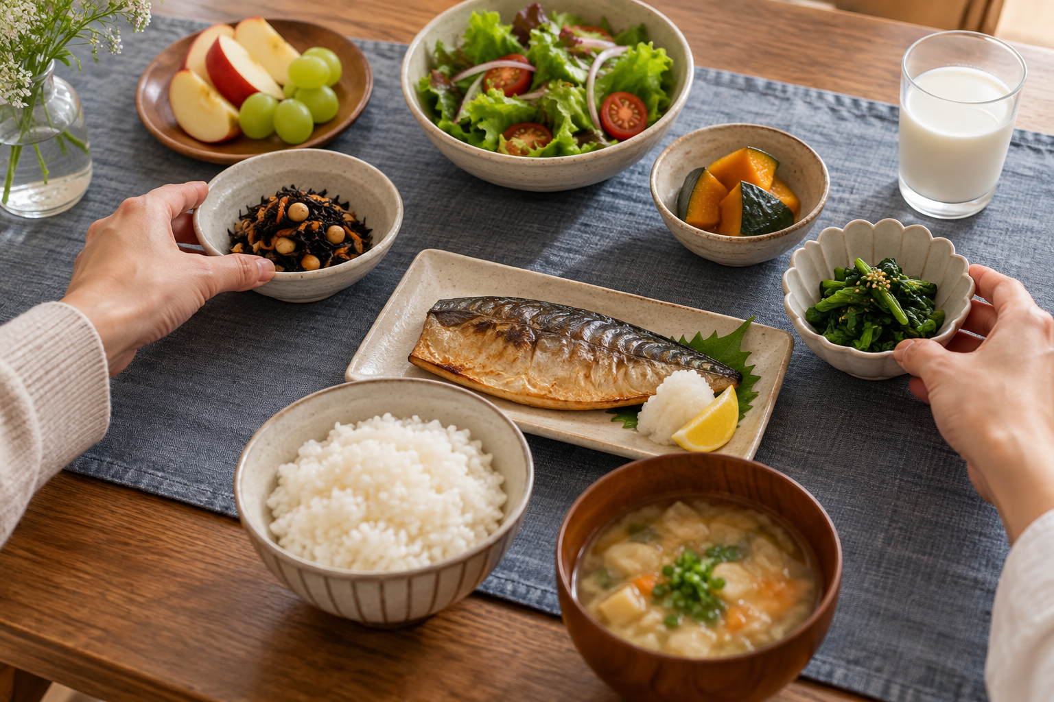 ご飯と魚の主菜に野菜の副菜を組み合わせる手元