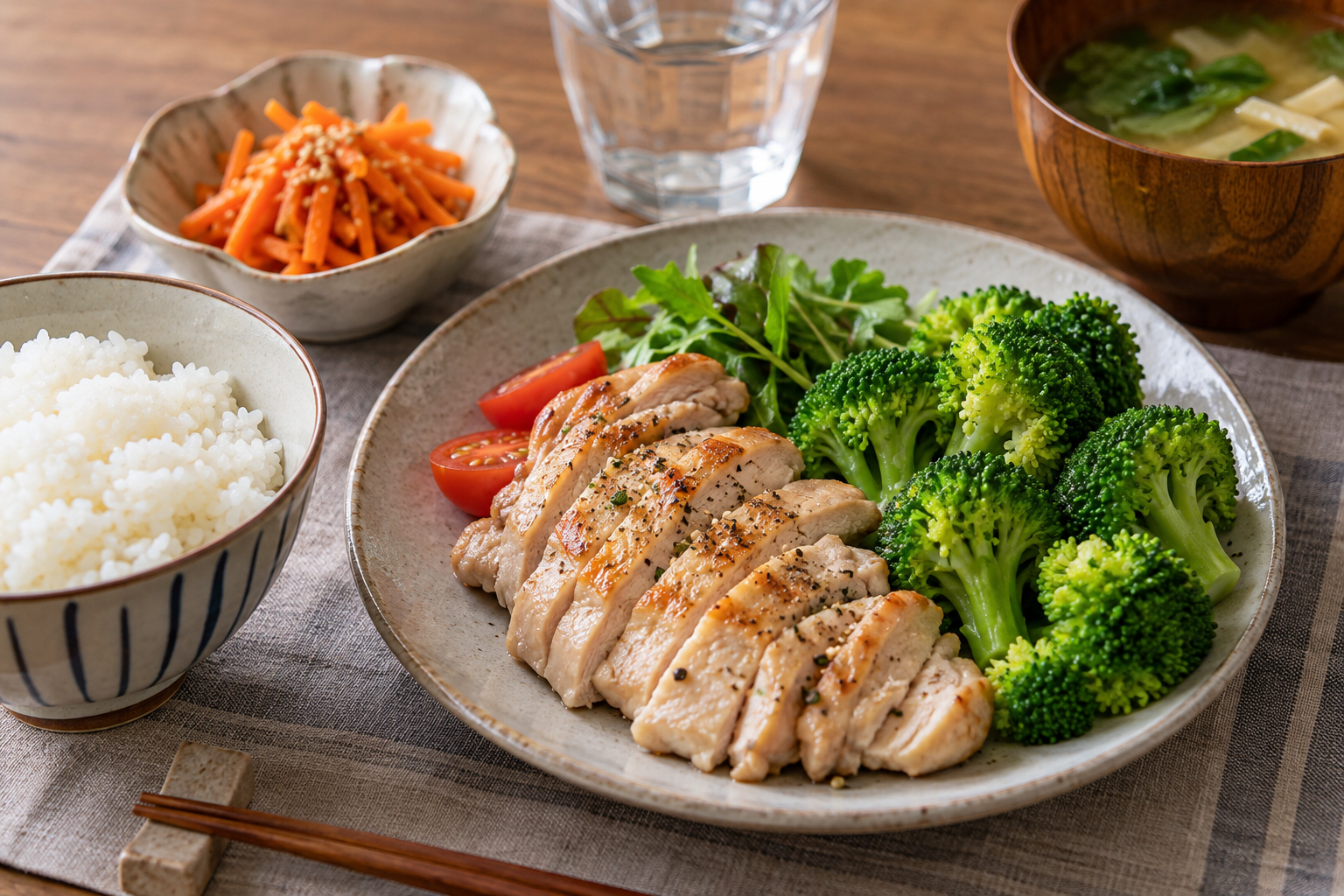 ブロッコリーを鶏肉の主菜とご飯に組み合わせた食事例