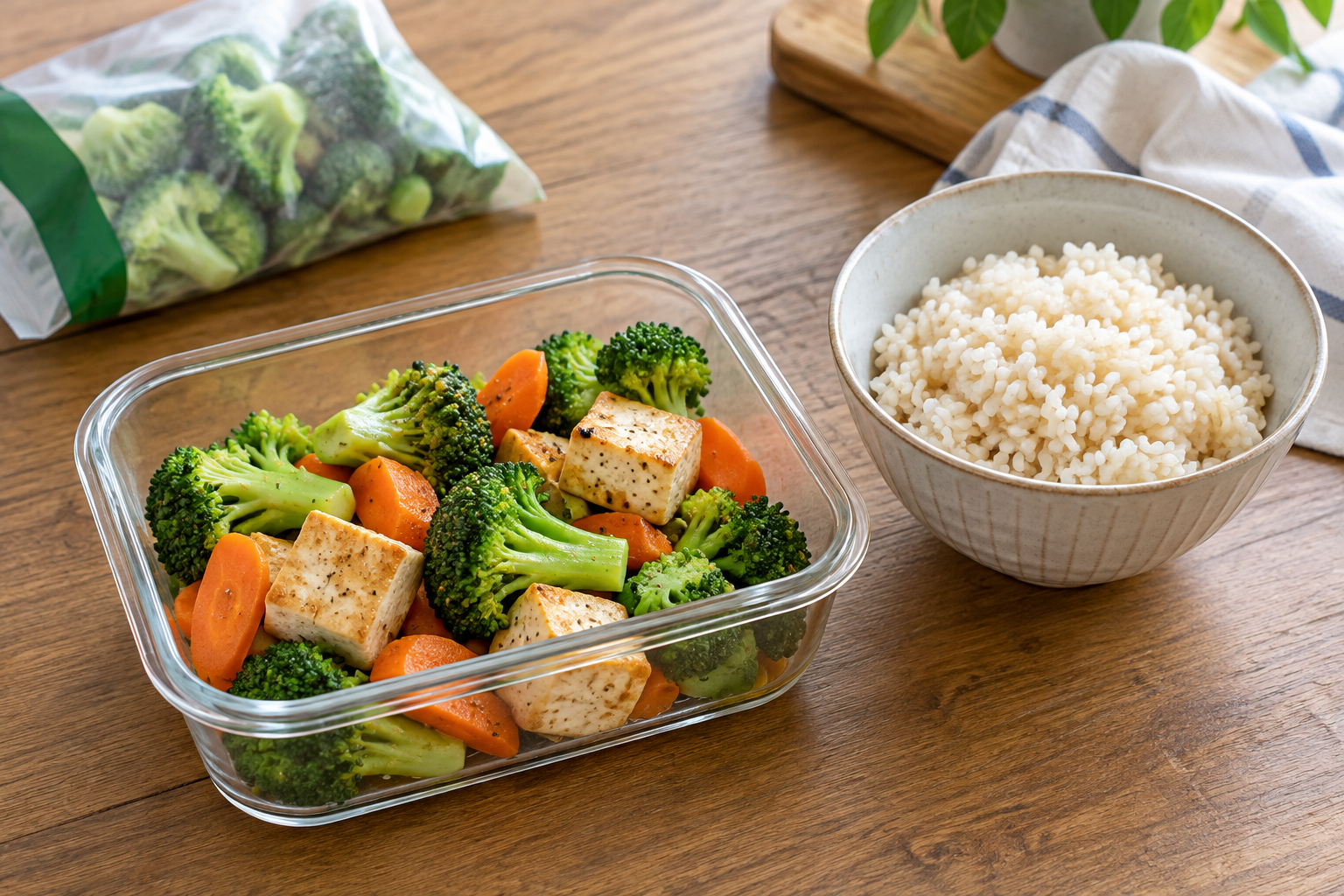 調理したブロッコリーと豆腐を準備し、ご飯と組み合わせる例