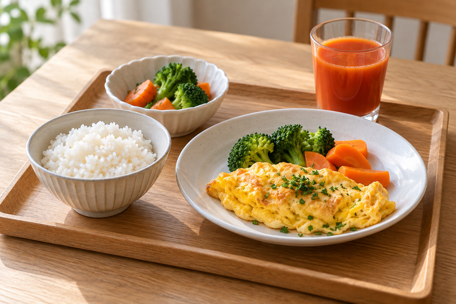 ごはん、卵料理、野菜料理に少量の野菜ジュースを添えた食事例