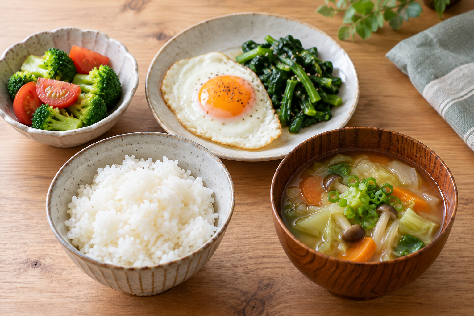 ごはん、卵料理、野菜料理を組み合わせた食事例