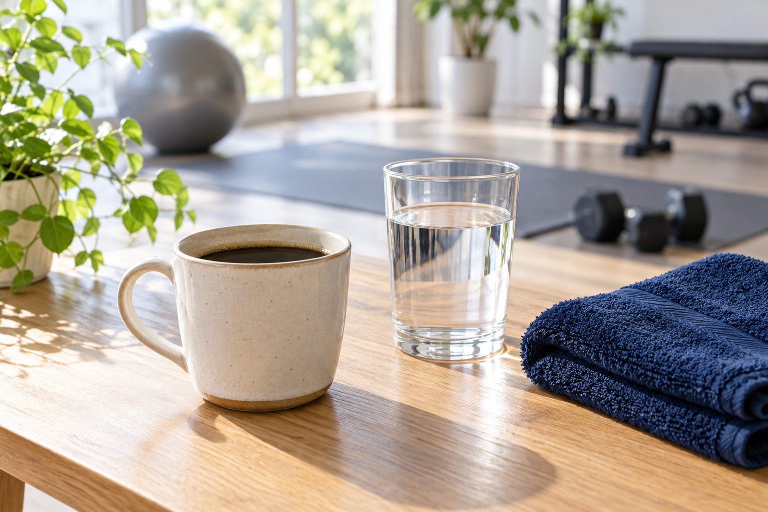 コーヒーカップと水、運動用タオルを並べたイメージ
