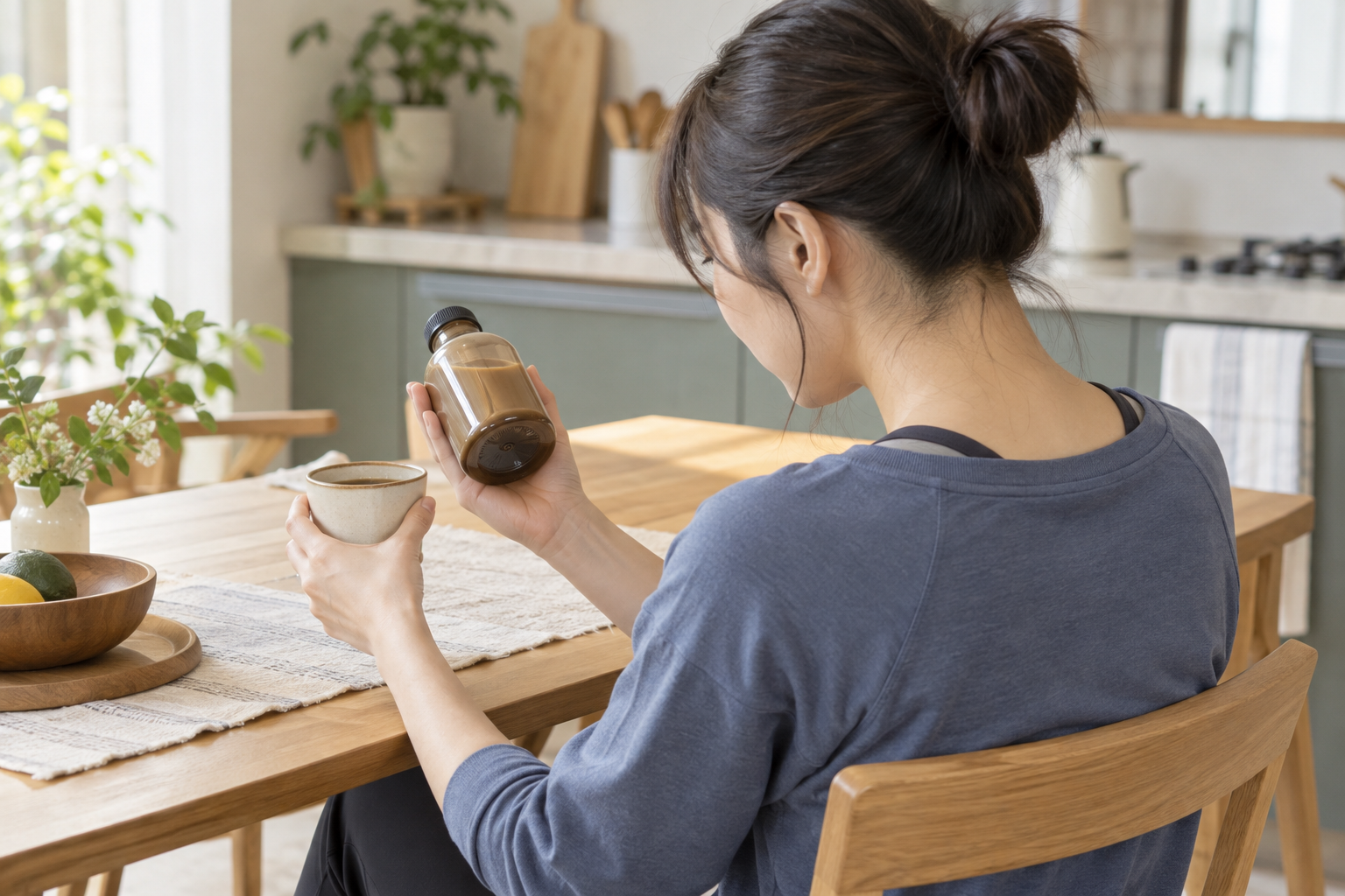 コーヒー飲料の容器を手にして確認する女性のイメージ