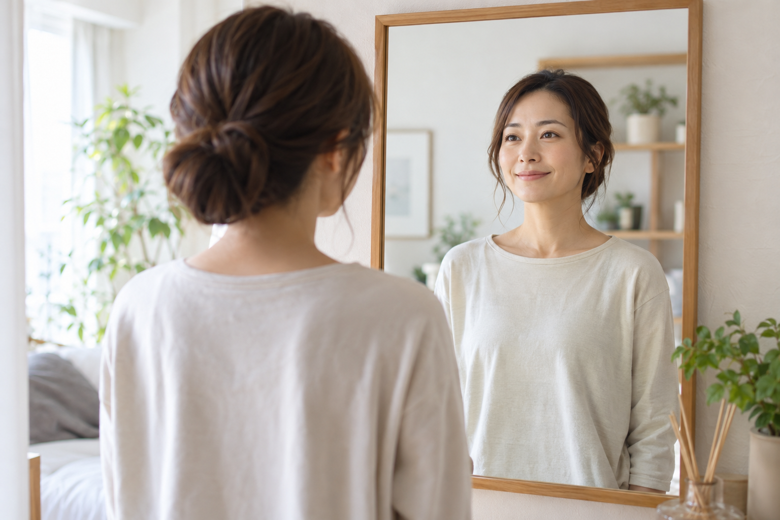 鏡で普段の自然な表情を確認する女性のイメージ