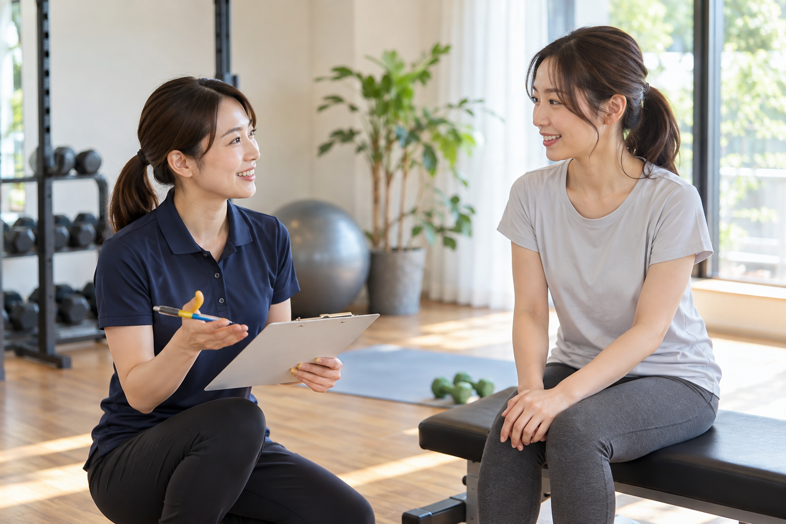 姿勢や身体の動きをトレーナーと相談する女性のイメージ