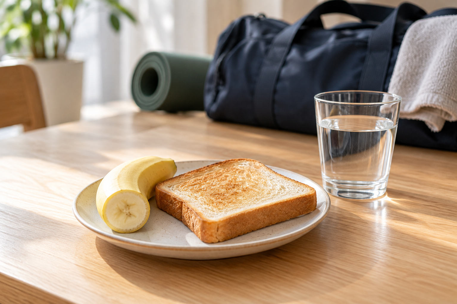 バナナとトースト、水を用意した運動前の補食のイメージ