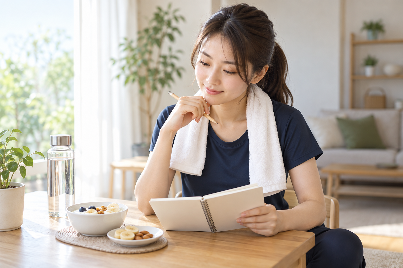食事と運動の予定をノートで確認する女性のイメージ