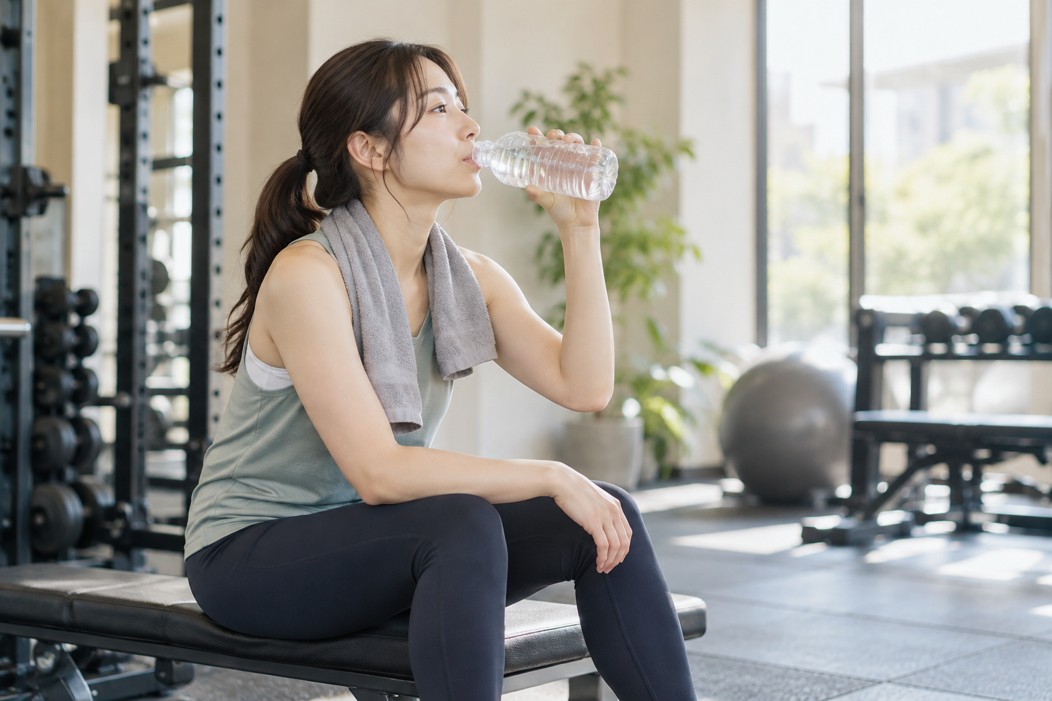 筋トレの休憩中に水を飲む女性のイメージ