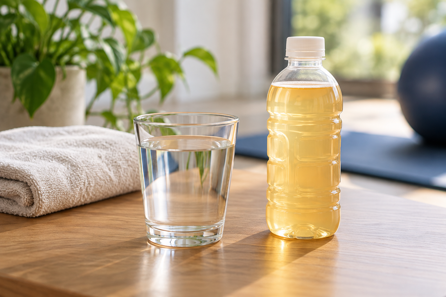 水とスポーツドリンクを並べた飲み物選びのイメージ