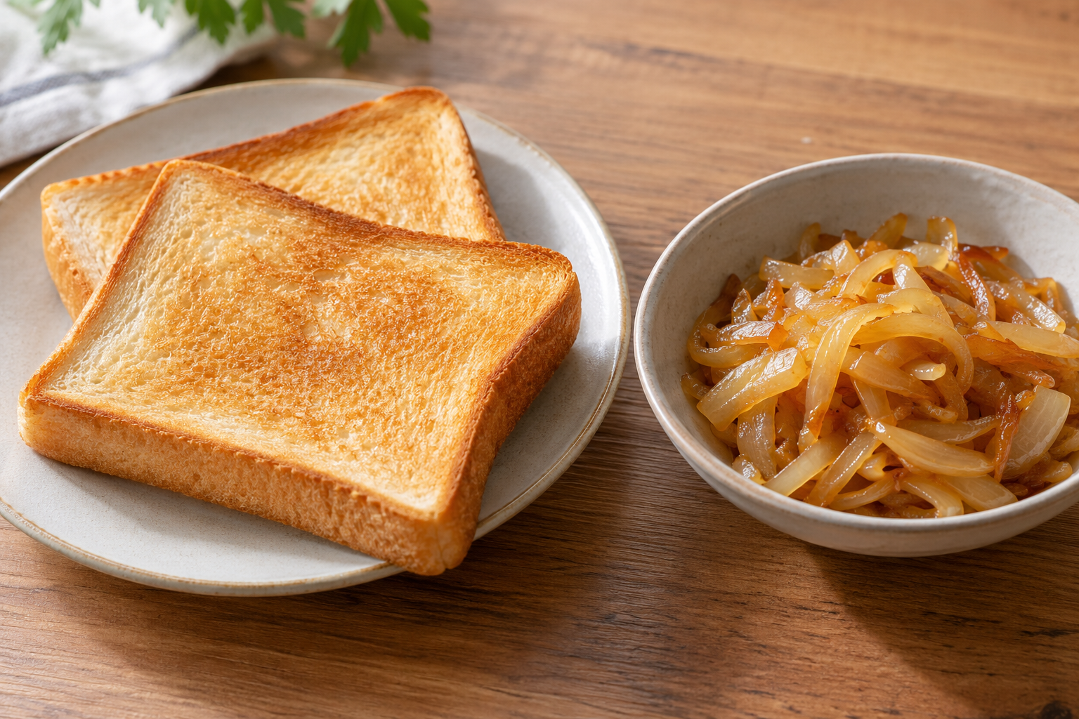 軽く焼き色のついたトーストと調理した玉ねぎのイメージ