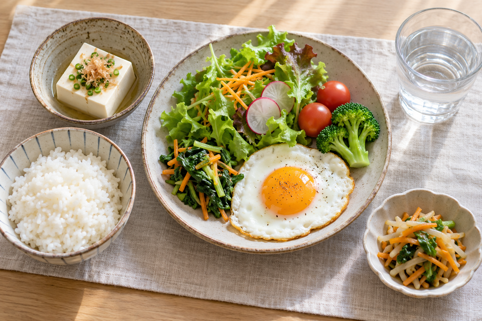 ご飯と豆腐、卵、野菜を組み合わせた食事のイメージ