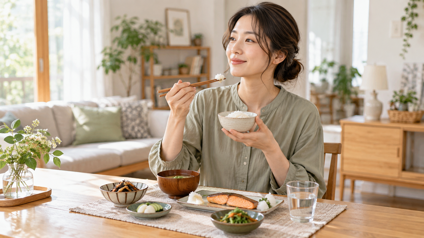 主食・主菜・副菜をそろえた食事を前に、食事内容を振り返る女性
