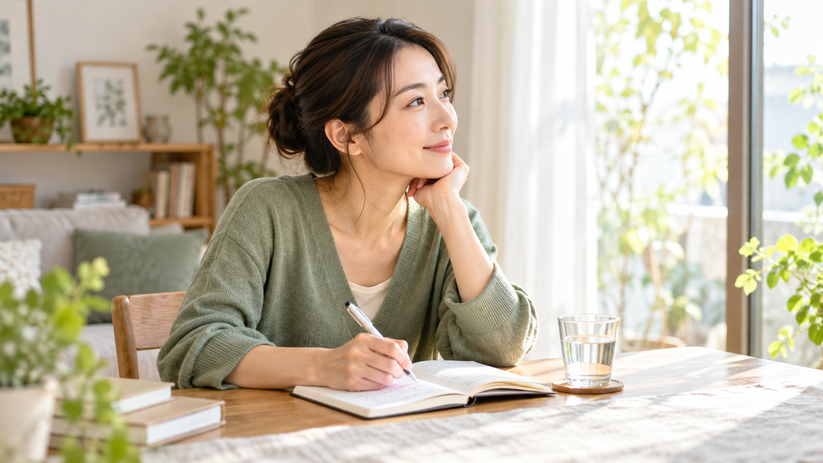 ノートに食事や日々の変化を記録している女性