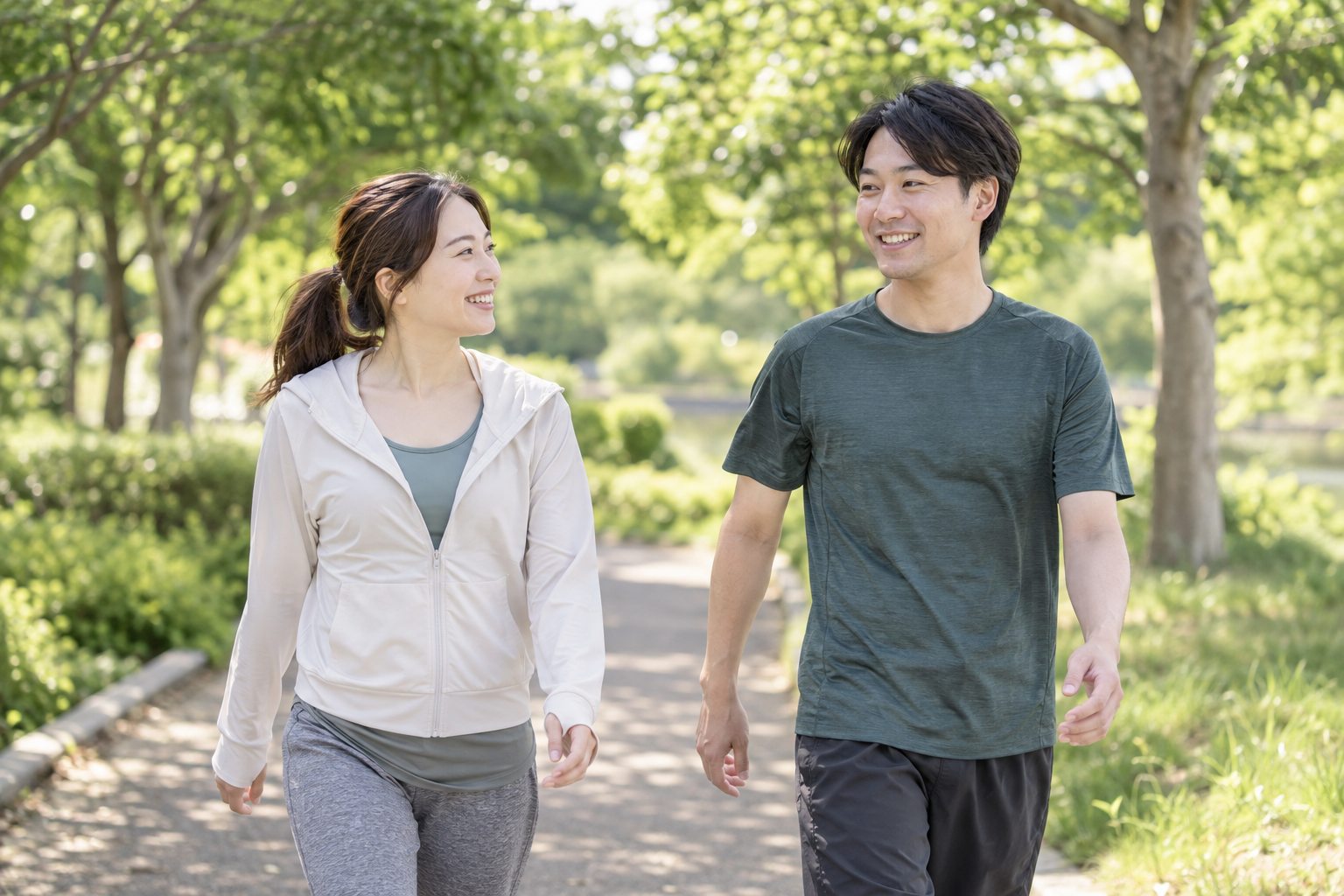 公園でゆっくり歩きながら呼吸と身体の反応を確認するイメージ