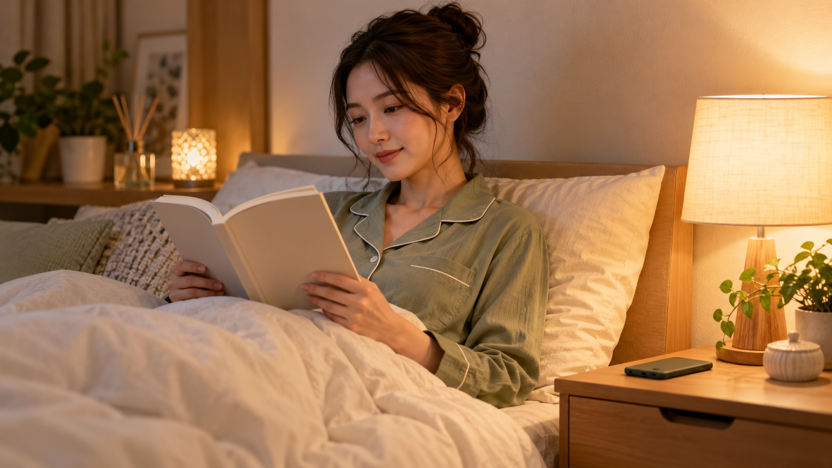 暖かな照明の寝室で、本を読みながら静かに過ごす女性