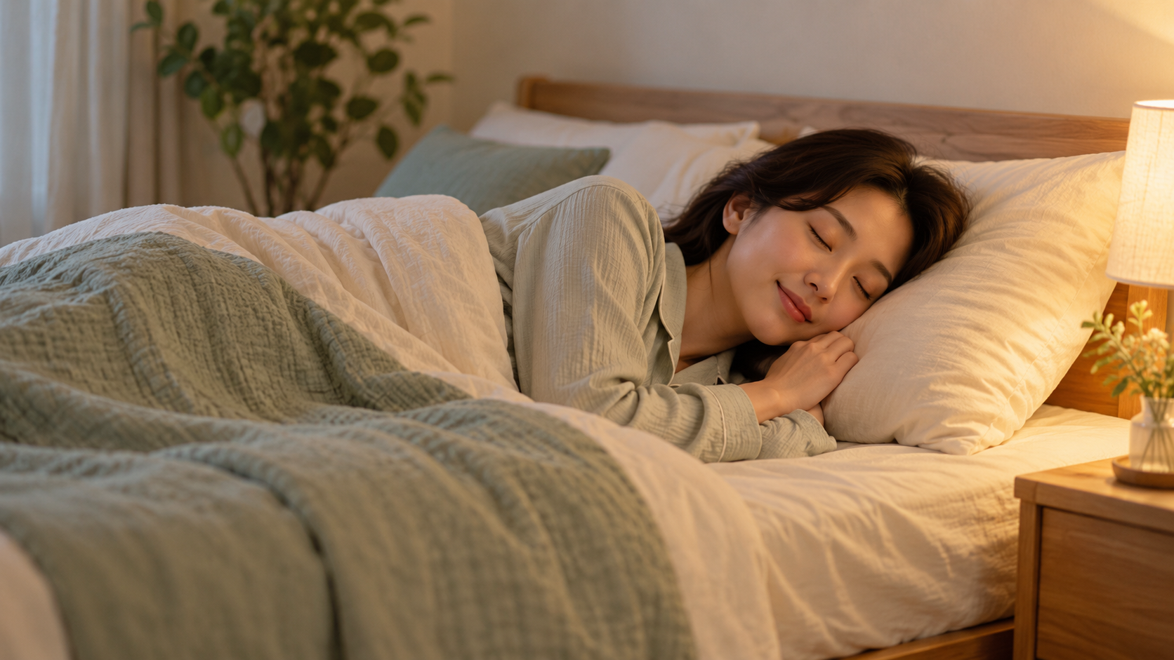 落ち着いた寝室で、無理のない姿勢で休む女性
