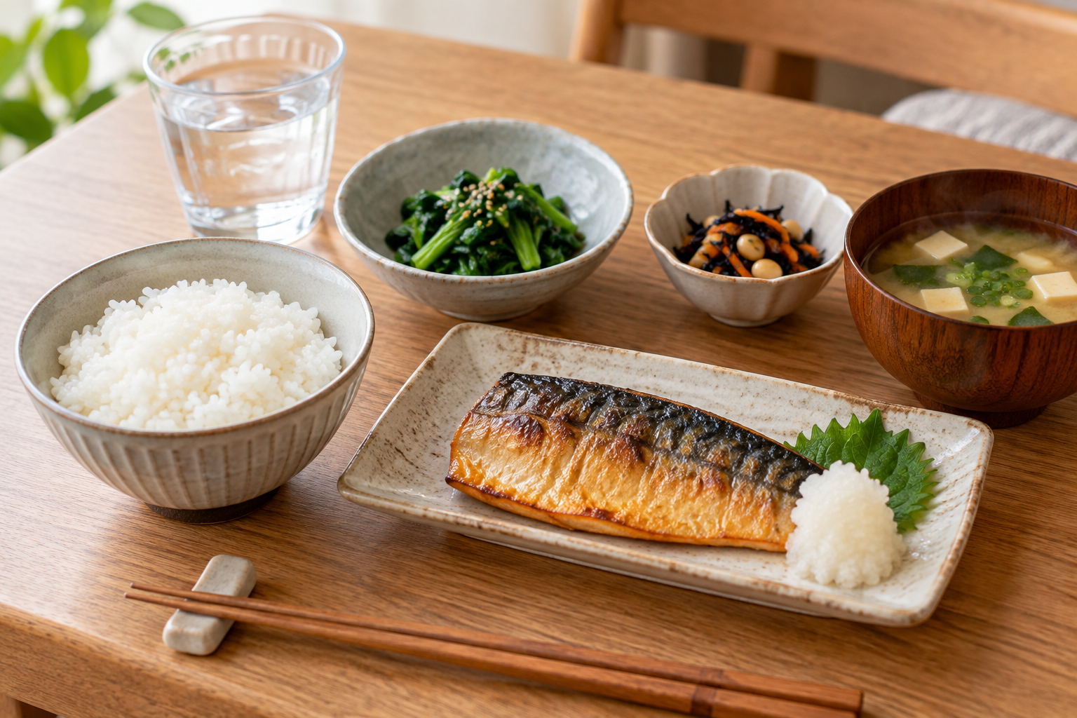 ご飯と魚料理と野菜を組み合わせた日常の食事のイメージ