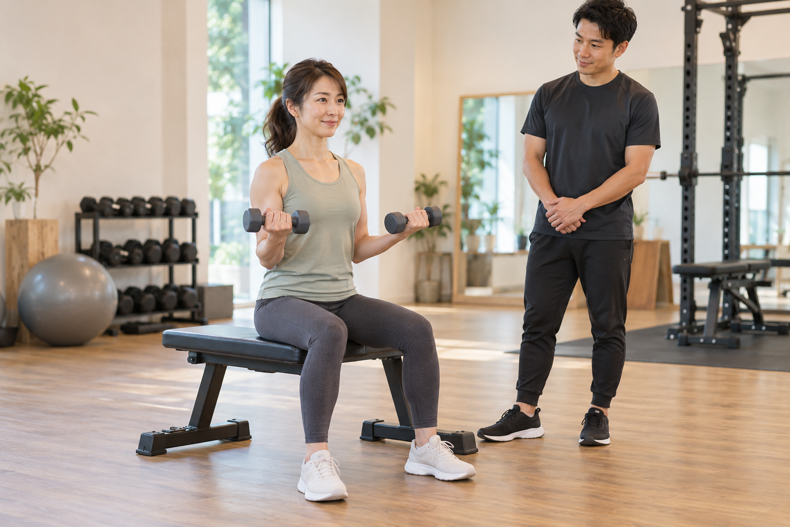 軽いダンベルで動きを確認しながら筋トレする成人のイメージ
