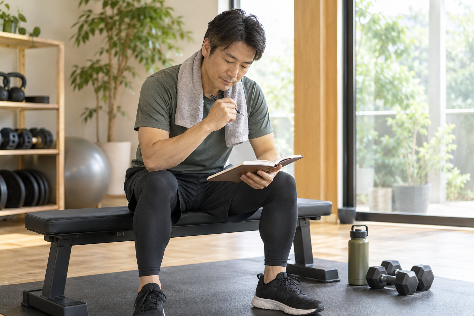 筋トレのセット間に休憩し記録を確認する成人のイメージ
