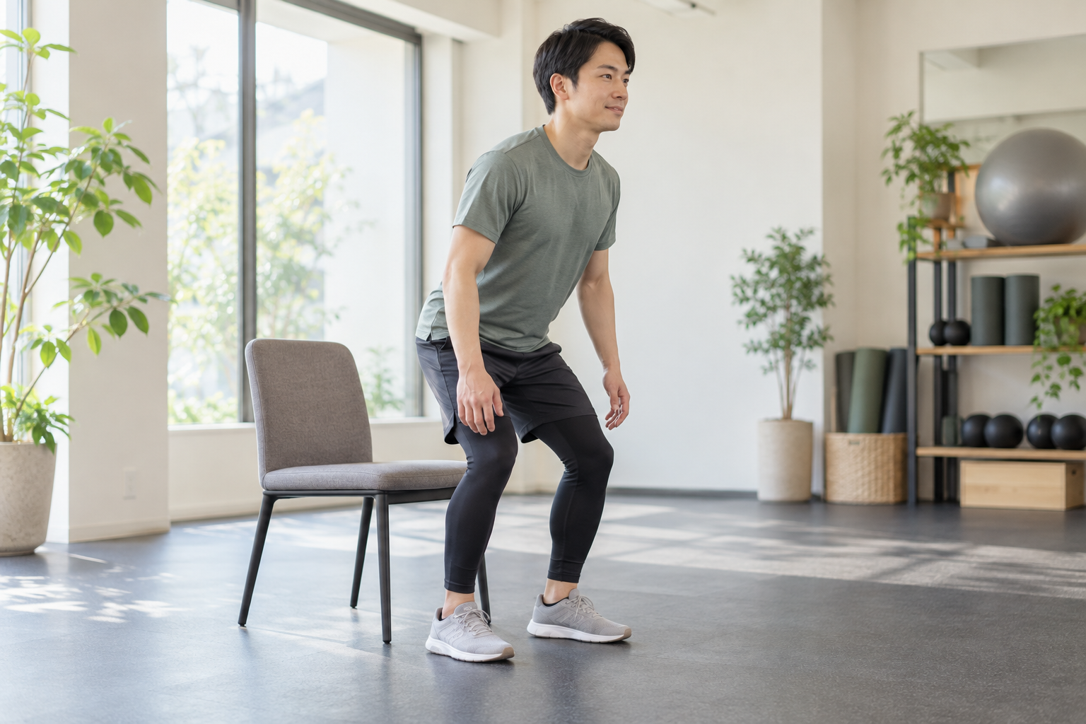 安定した椅子から立ち上がる基本動作を確認する男性