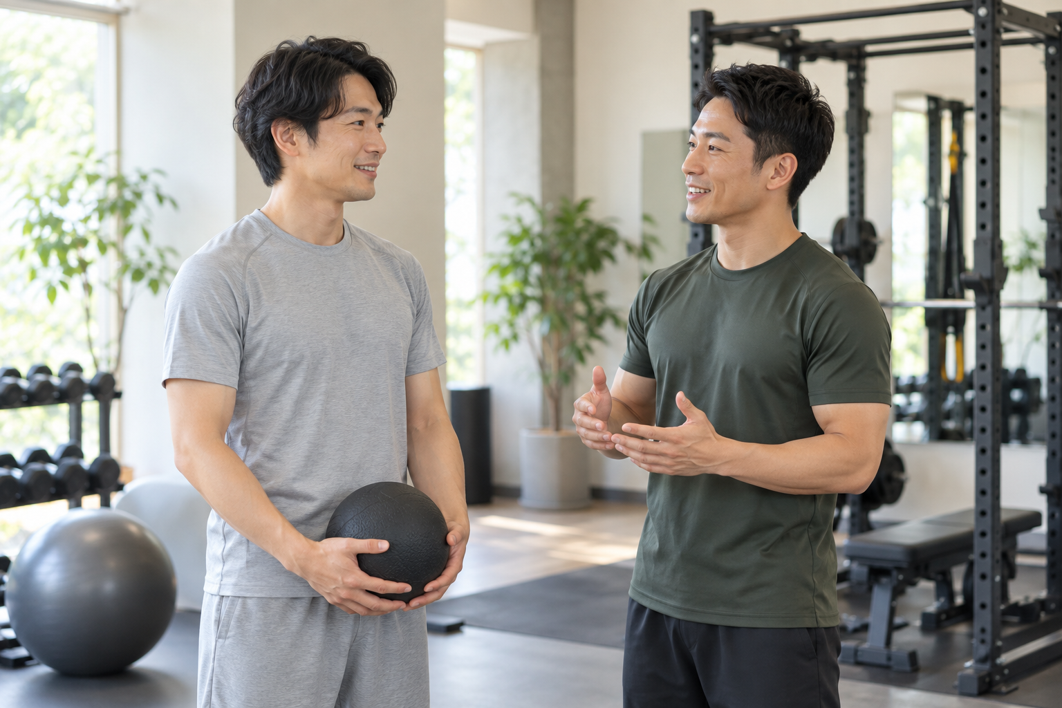 ジムでトレーナーとメディシンボールを使う練習について相談する男性