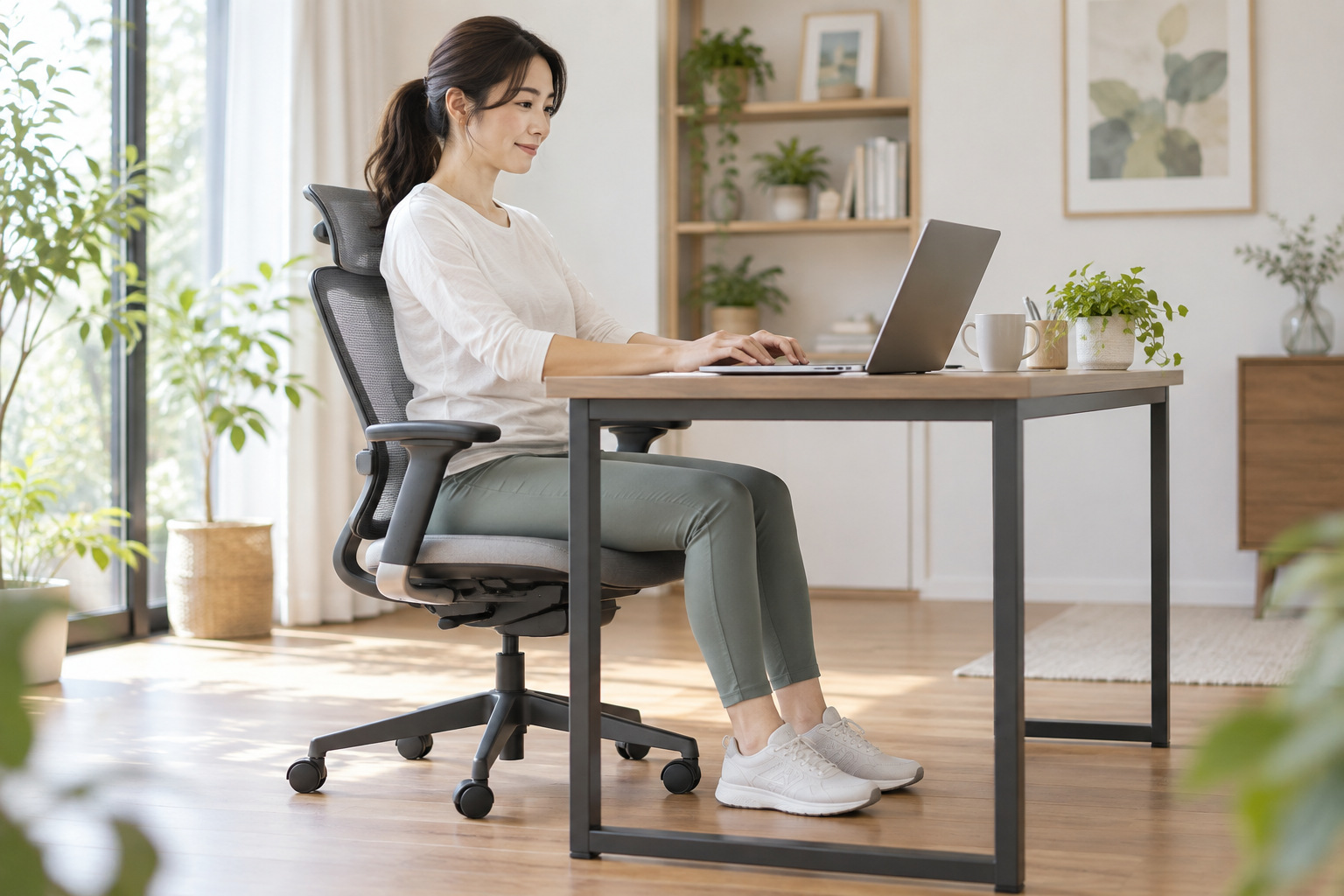 足を床につけ背もたれを使い、机で落ち着いて作業する女性