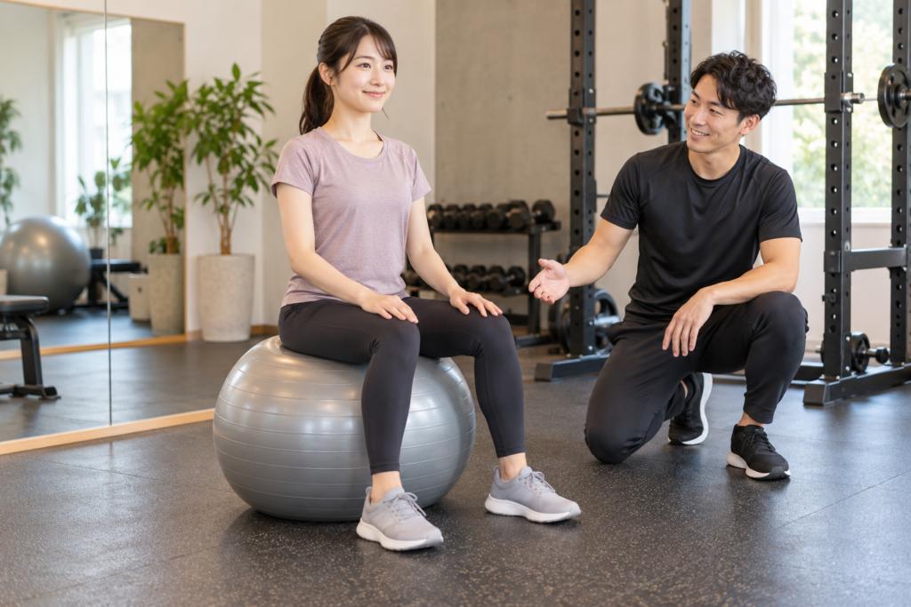 バランスボールに座り両足を床につける基本姿勢のイメージ