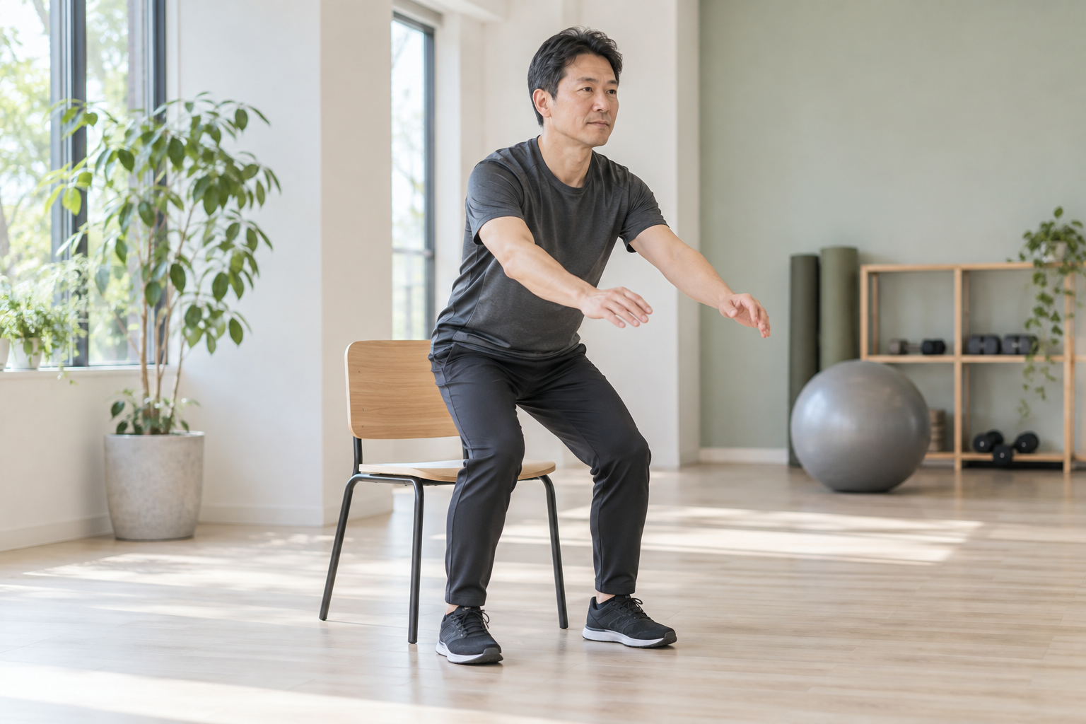 安定した椅子から両脚でゆっくり立ち上がる男性