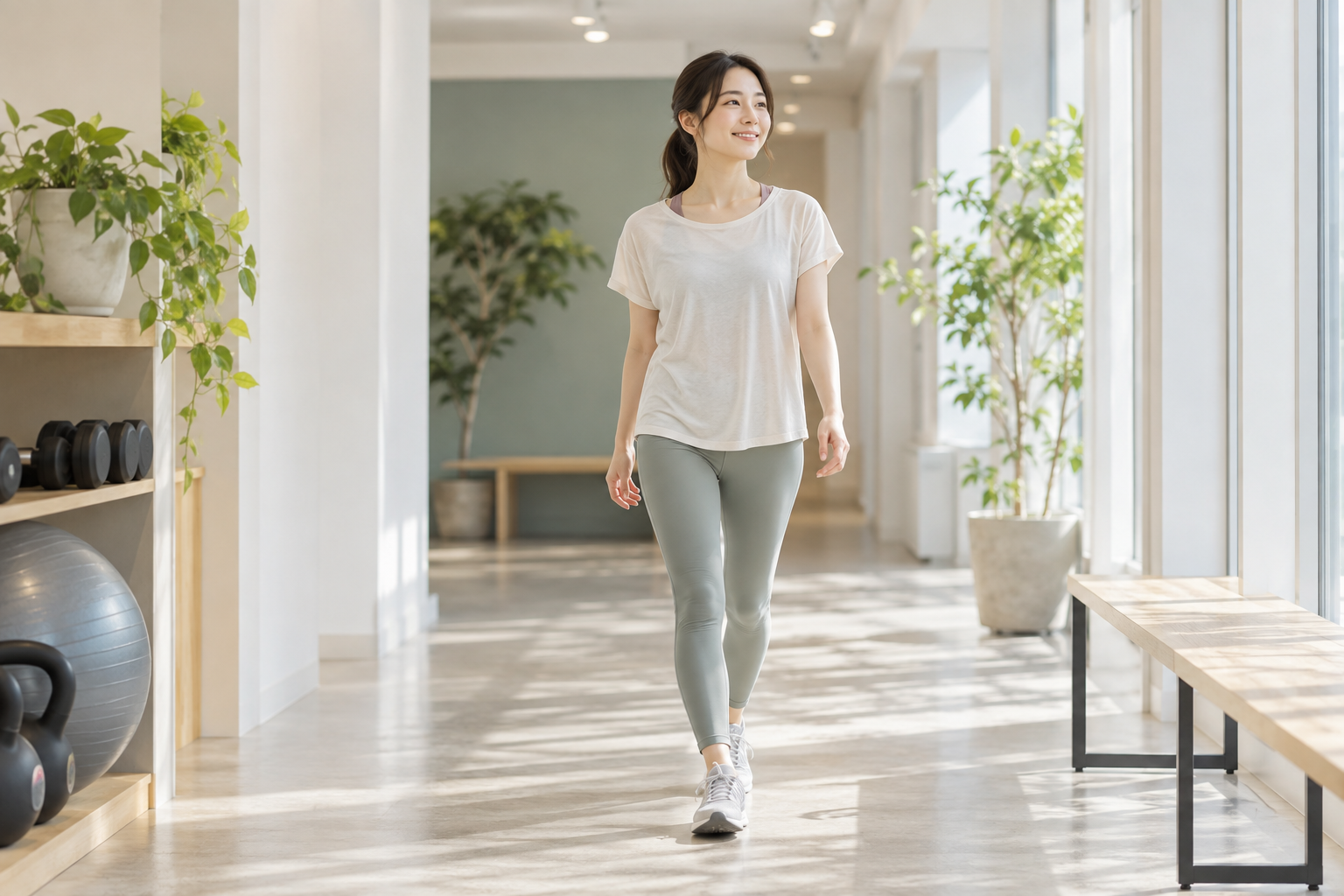 明るい室内を自然な歩幅で歩く女性