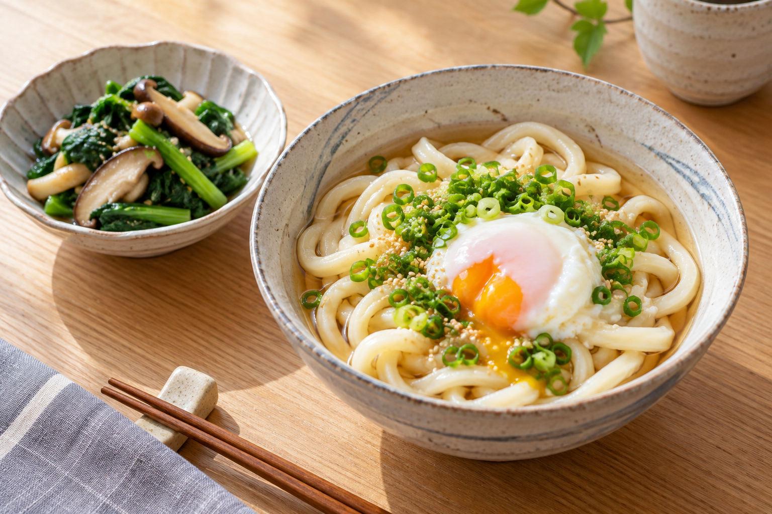 麺と卵と野菜の副菜を組み合わせた食事のイメージ