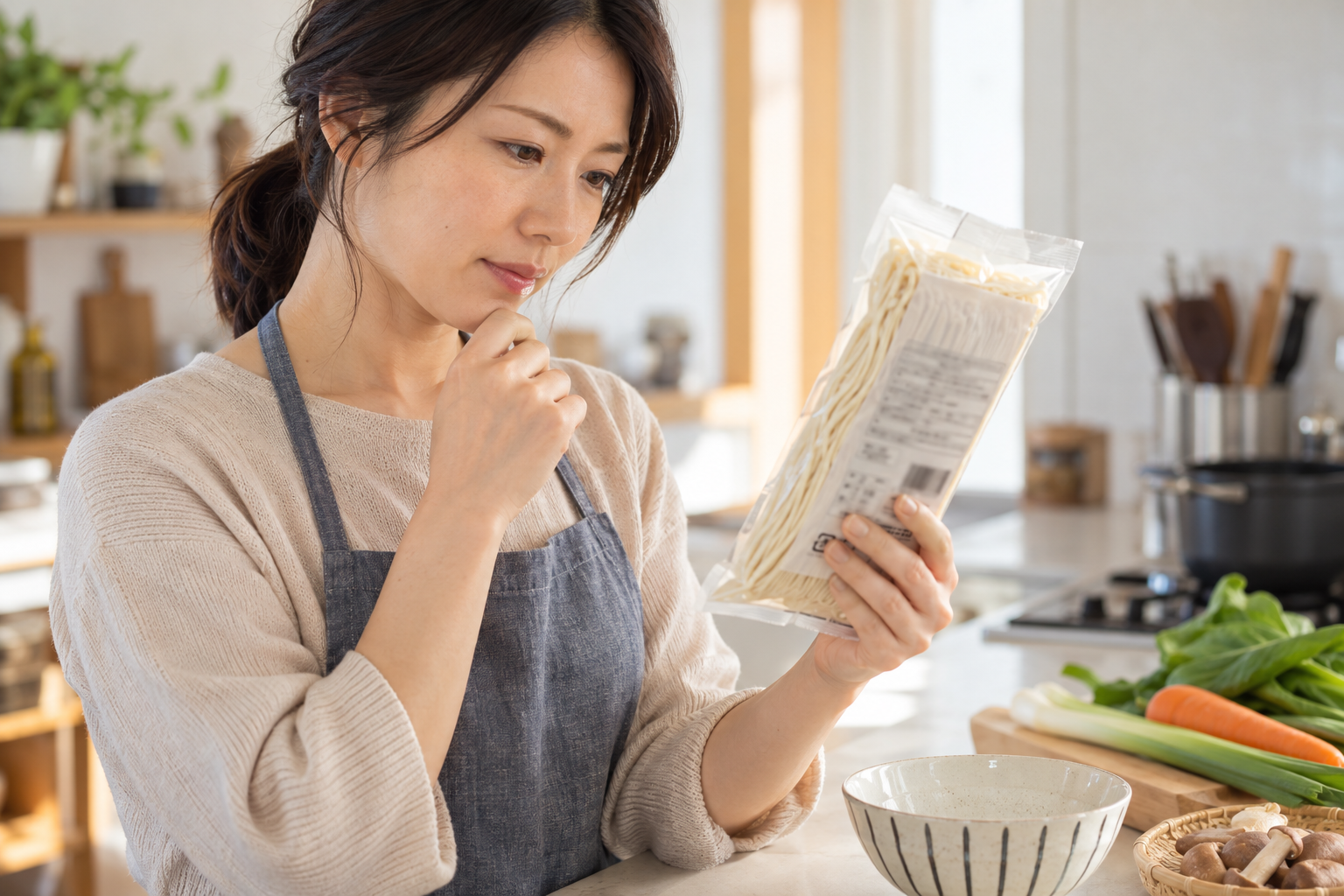 麺の包装の栄養成分表示と食べる量を確認する成人のイメージ