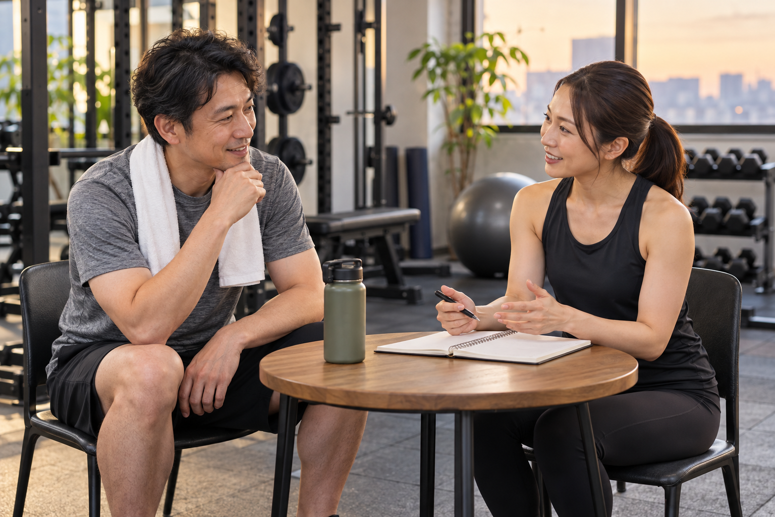 運動前に体調と開始時間を確認する成人とトレーナーのイメージ