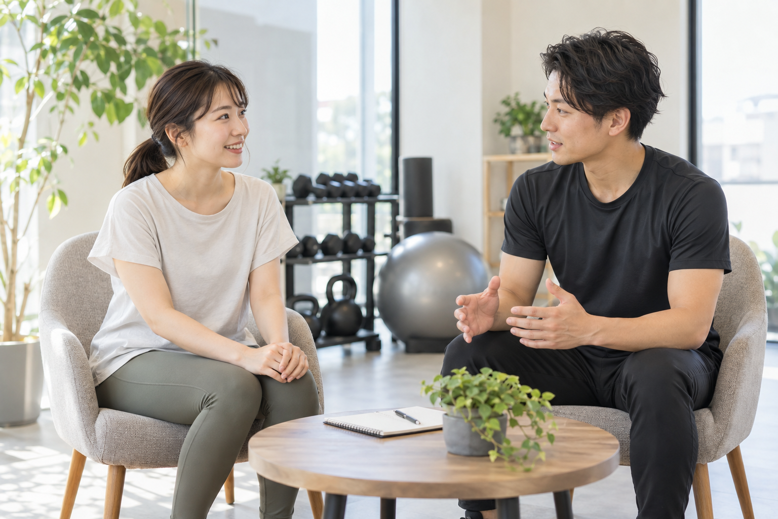 自分に合う運動の進め方をトレーナーと相談する女性