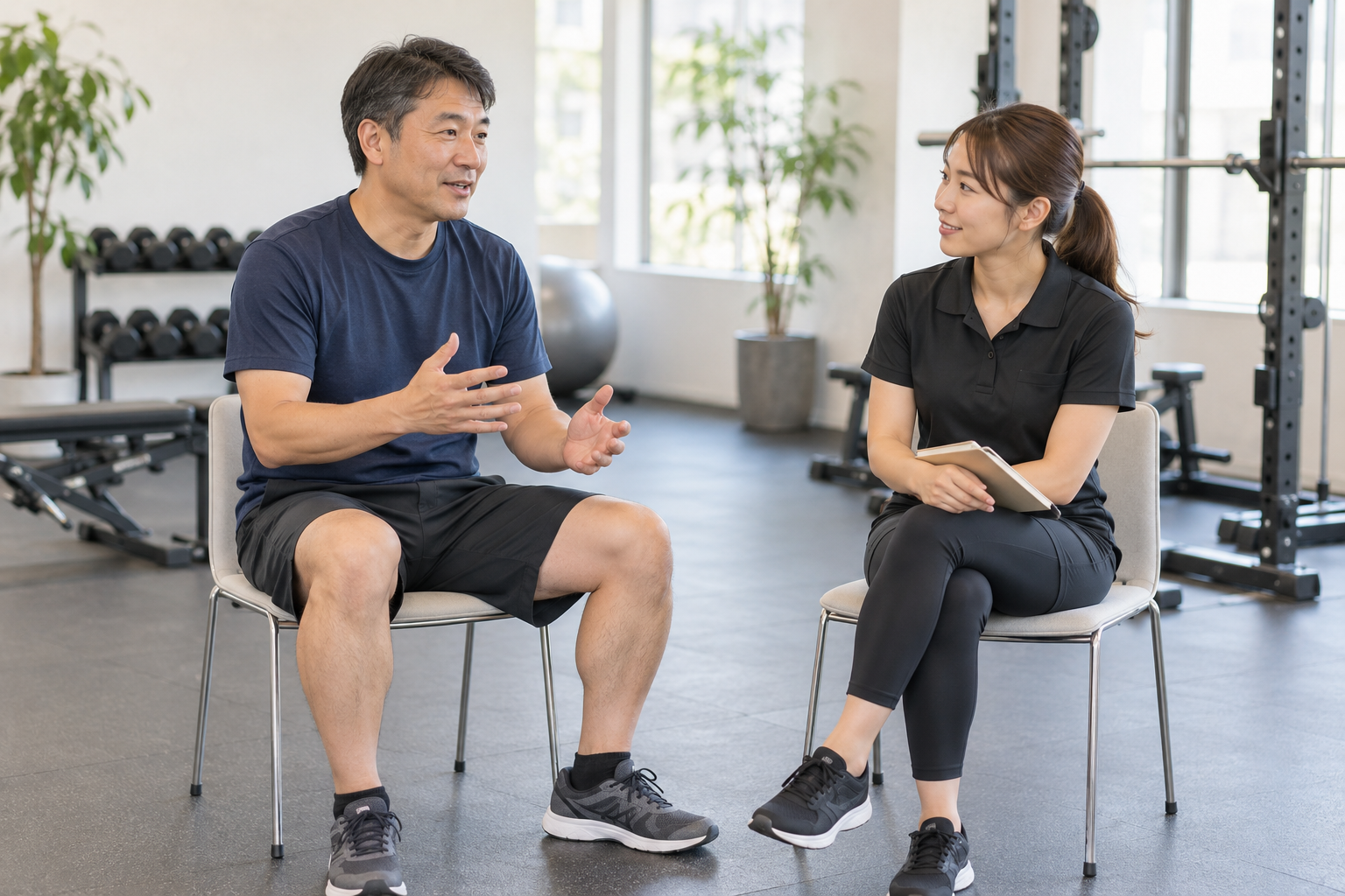 普段の歩き方や運動量をトレーナーと相談する男性のイメージ