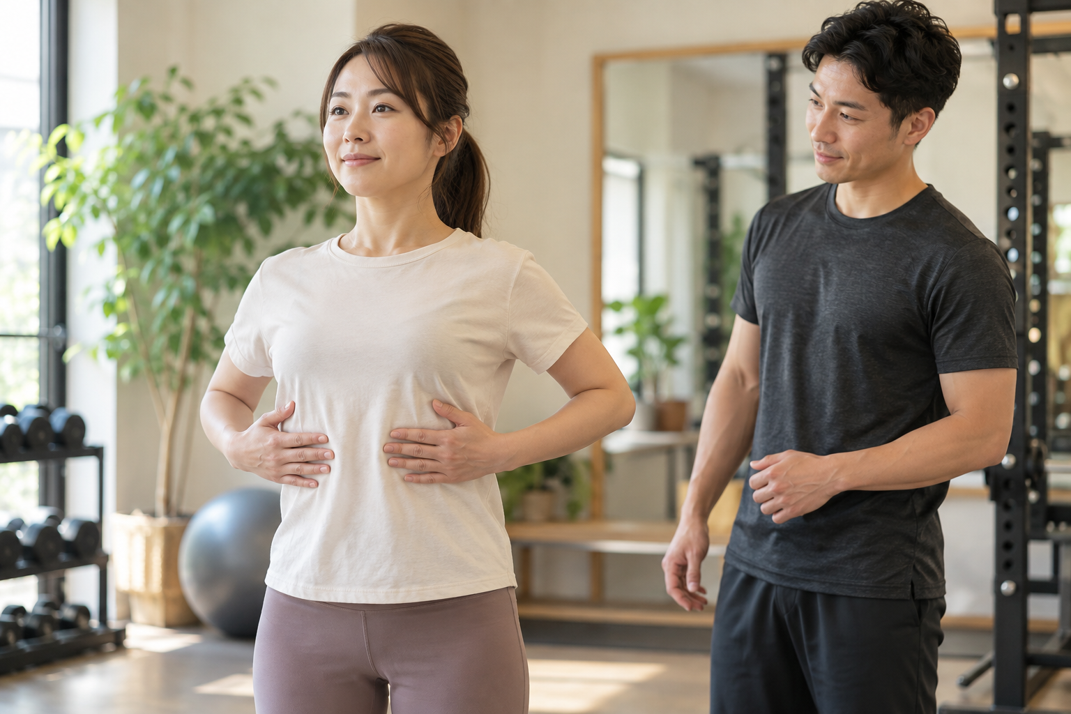 トレーナーと呼吸を確認する運動初心者