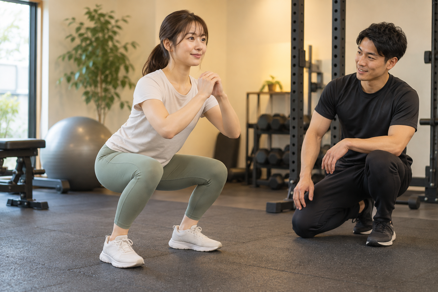 トレーナーに見てもらいながらスクワットをする女性