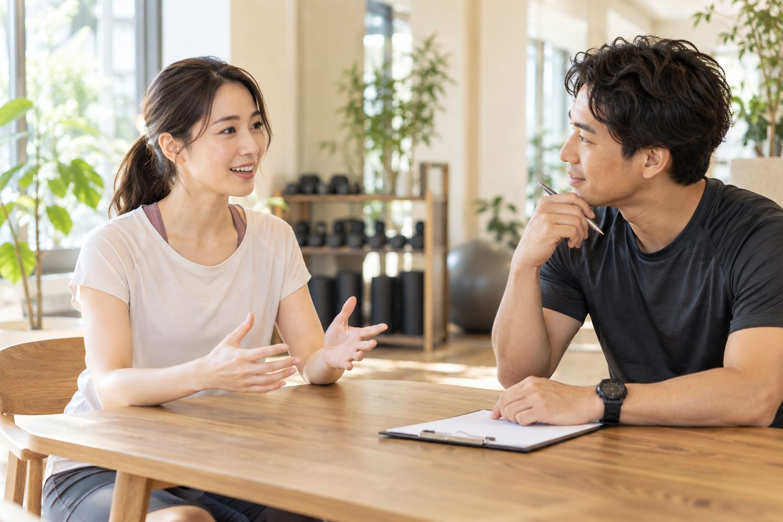 運動経験や肩の状態をトレーナーに相談する女性のイメージ