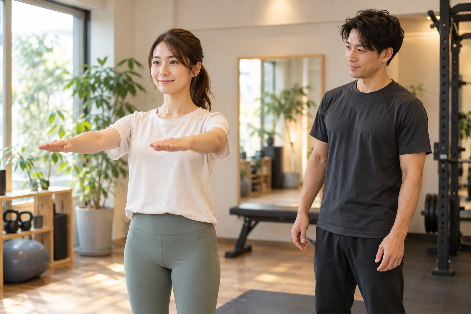 腕を軽く上げる女性の動きを確認するトレーナーのイメージ