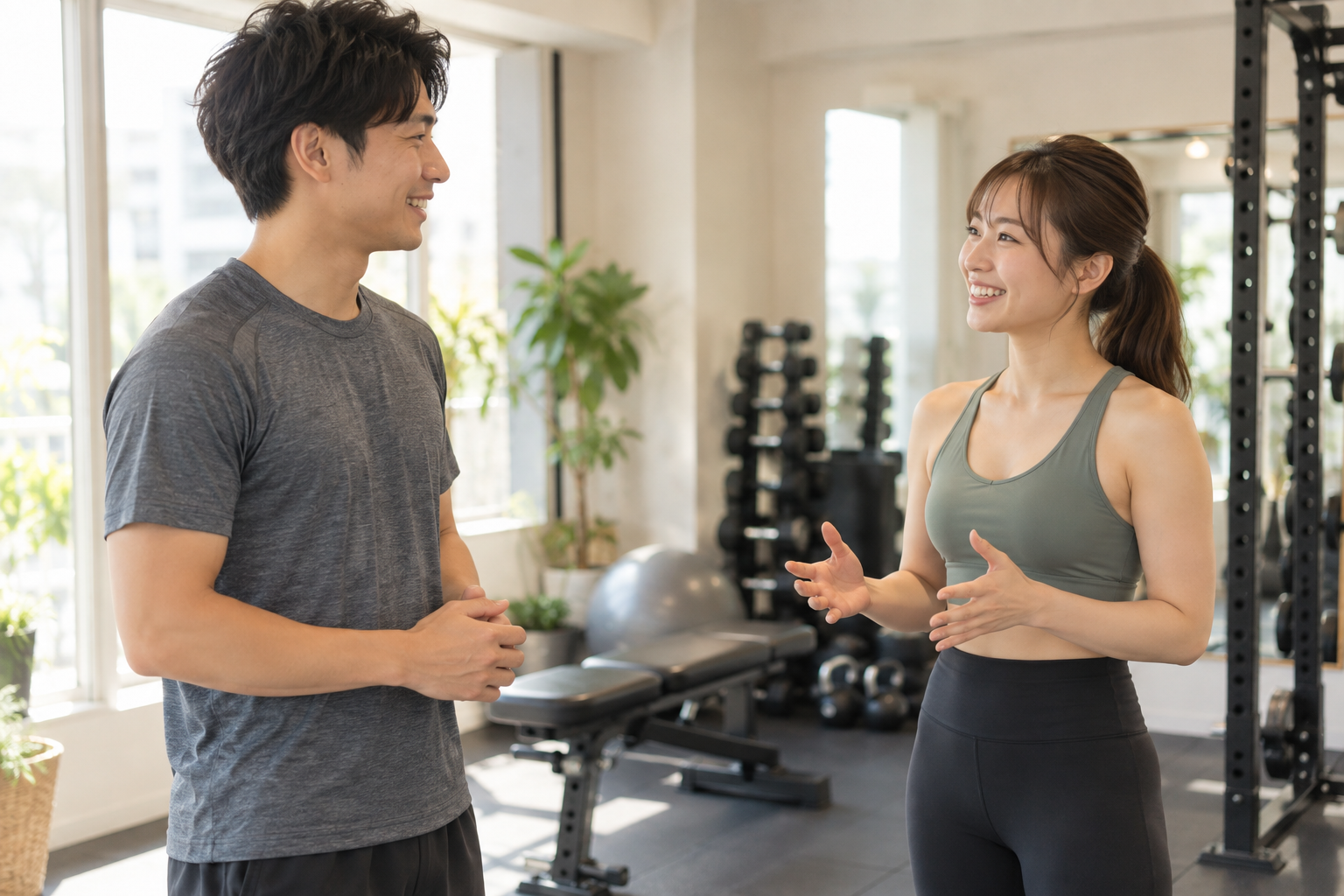 運動の進め方について男性と女性トレーナーが話すイメージ